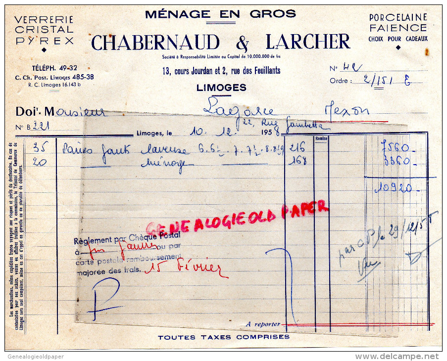 87 - LIMOGES - FACTURE CHABERNAUD & LARCHER -13 COURS JOURDAN ET 2 RUE DES FEUILLANTS A M. LAGORCE  NEXON - 1958 - 1950 - ...