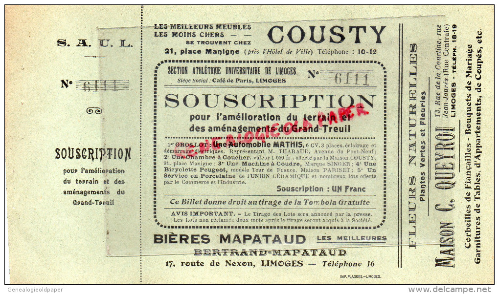 87 - LIMOGES - BON SOUSCRIPTION SAUL- SECTION ATHLETIQUE UNIVERSITAIRE POUR AMELIORATION GRAND TREUIL- AUTO MATHIS- - Sonstige & Ohne Zuordnung