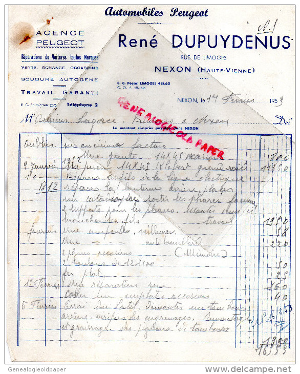 87 - NEXON - FACTURE RENE DUPUYDENUS - RUE DE LIMOGES - AUTOMOBILES PEUGEOT - A M. LAGORCE 1953 - Verkehr & Transport