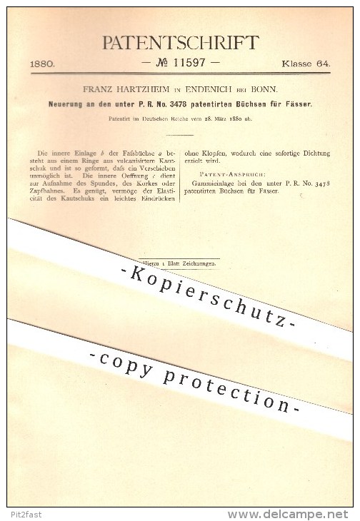 Original Patent - Franz Hartzheim , Endenich Bei Bonn , 1880 , Büchsen Für Fässer , Fass , Büchse , Ausschank !!! - Historische Dokumente