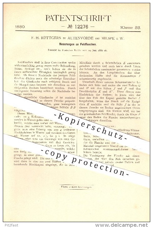 Original Patent - F. H. Rüttgers , Altenvörde Bei Milspe , 1880 , Feldflasche , Feldflaschen , Flasche , Flaschen , Glas - Documentos Históricos