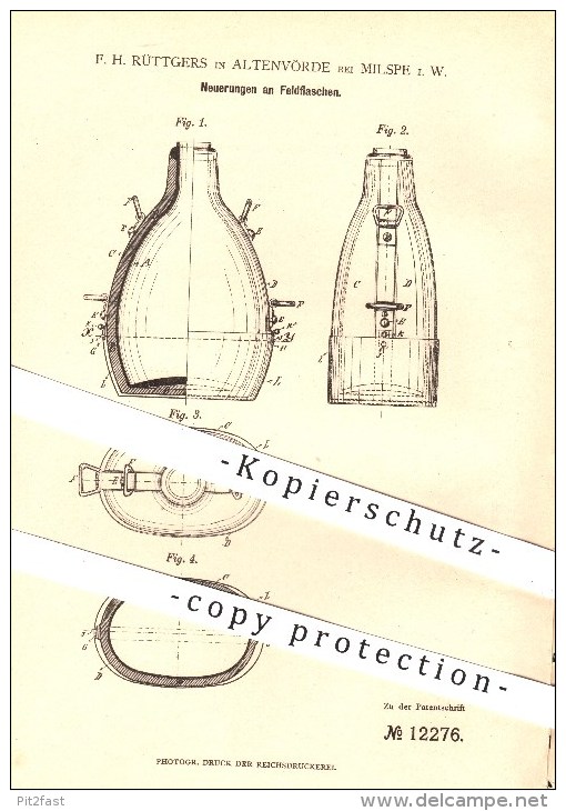 Original Patent - F. H. Rüttgers , Altenvörde Bei Milspe , 1880 , Feldflasche , Feldflaschen , Flasche , Flaschen , Glas - Documentos Históricos