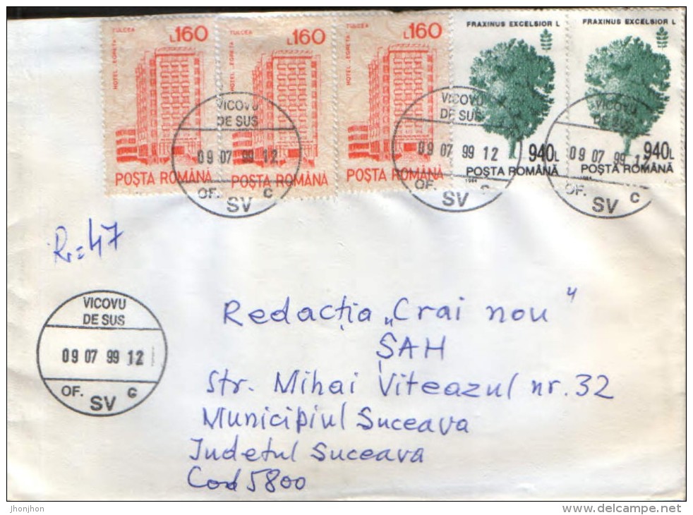 Romania - Registered Letter Circulated In 1999 - Stamps Triptych With "Egreta" Hotel - Hotel- & Gaststättengewerbe