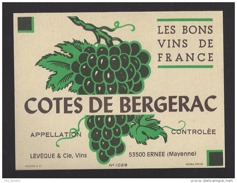 Etiquette De Vin   Côtes De Bergerac -  Thème Grappe De Raisin  -  Lévêque Et Cie  à  Ernée  (53) - Autres & Non Classés