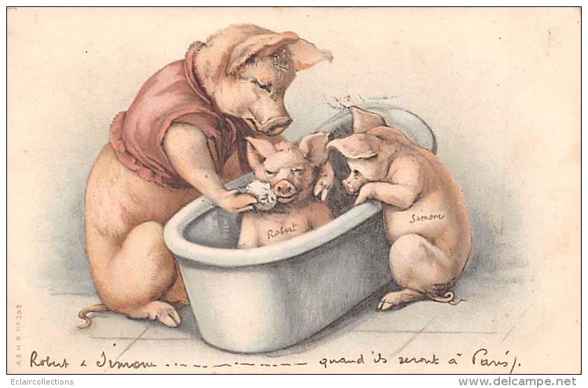 Fantaisie      Cochons  Un Bain... - Cochons