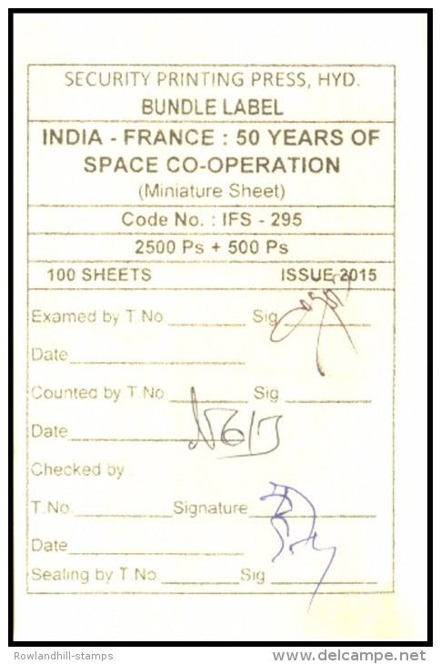 Packing Slip Of Miniature Sheet,  50 Years Of India - France Space Co-operation, Bundle Label, Satellite, India, 2015. - Asie