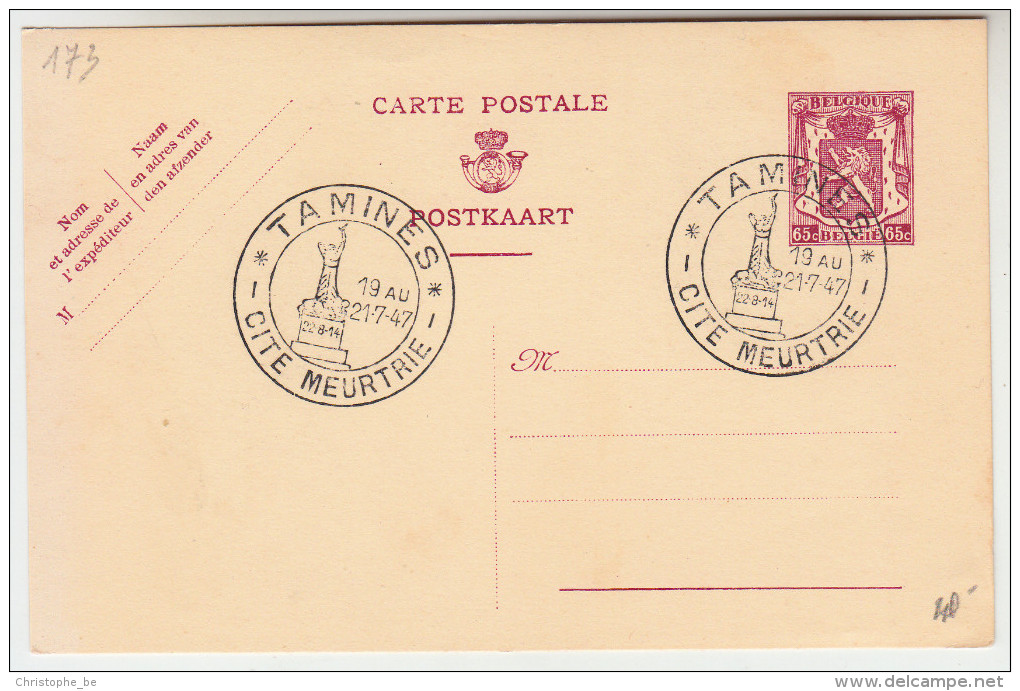 Briefkaart, Carte Postale, Postkaart 65c Speciale Stempen Tamines, Cite Meurtrie 19 Aout 1947 (pk25004) - Cartes Postales 1934-1951
