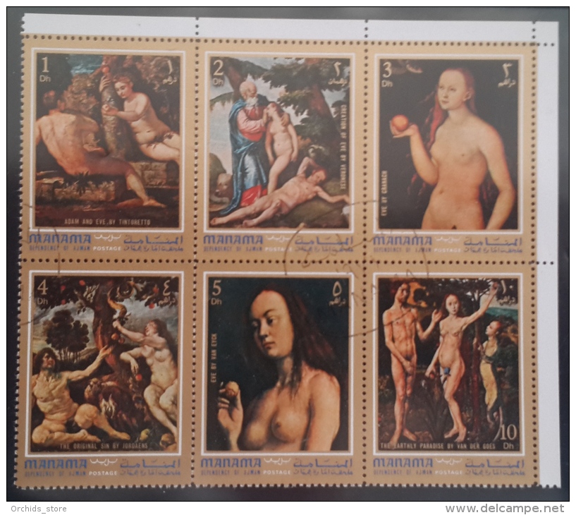 E11l Ajman MANAMA 1971 Mi 655A-660A Nude Women Paintings - Adam &amp; Eve - Manama
