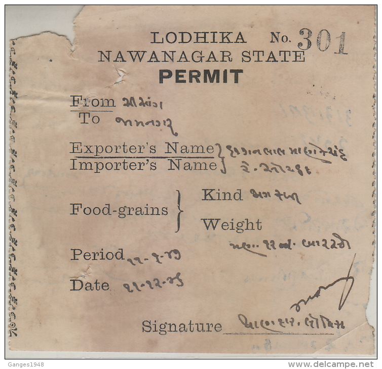 NAWANAGAR  State India 1949  Food Permit Issued During War Shortage # 87118  Inde Indien - Nowanuggur
