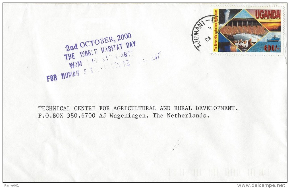 Uganda 2000 Ajumani Hydro Dam Pelicans River Nile Millennium World Habitat Day Handstamp Cover - Oeganda (1962-...)