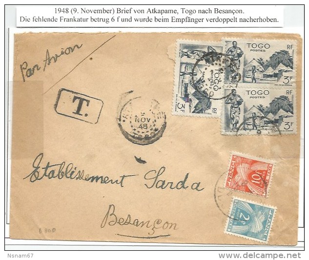 +b800 - Togo AKTAPAME 1948 Pour BESANCON Doubs - TAXE 12 Francs Français - - 1859-1959 Storia Postale