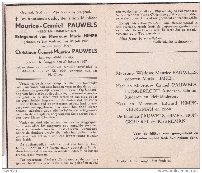 Doodsprentje Oorlog 1944 - 2 Slachtoffers St Andrie Brugge Sint Michiels  Pauwels C En Pauwels M - Religion & Esotérisme