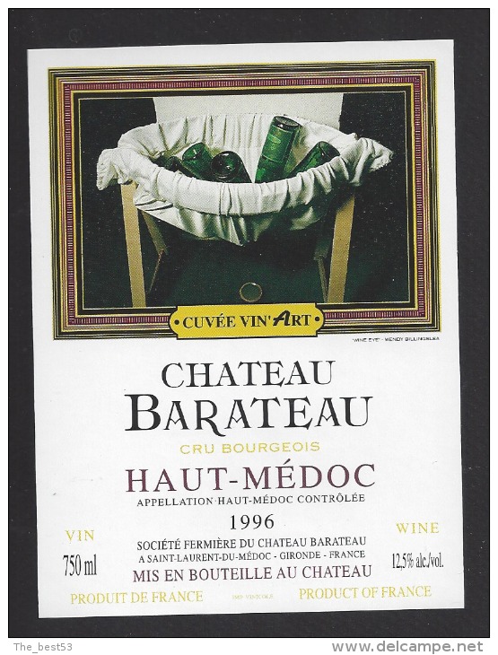 Etiquette De Vin Haut Médoc 1996 -  Chateau Barateau  -  Cuvée Vin´Art  -  Thème Illustrateur Tableau  W. Billingslea - Sonstige & Ohne Zuordnung