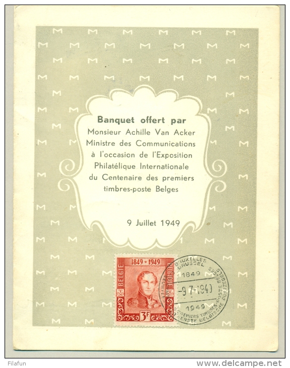 België Belgique - 1949 - 3 Fr 100 Jaar Belgische Postzegels Op Menukaart Voor Banket Postzegeltentoonstelling - Lettres & Documents