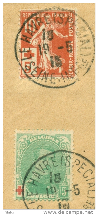 België Belgique - 1915 - 5x Red Cross Stamp, Belgium + France Cancelled Le Havre (special) On R-cover - 1914-1915 Rode Kruis