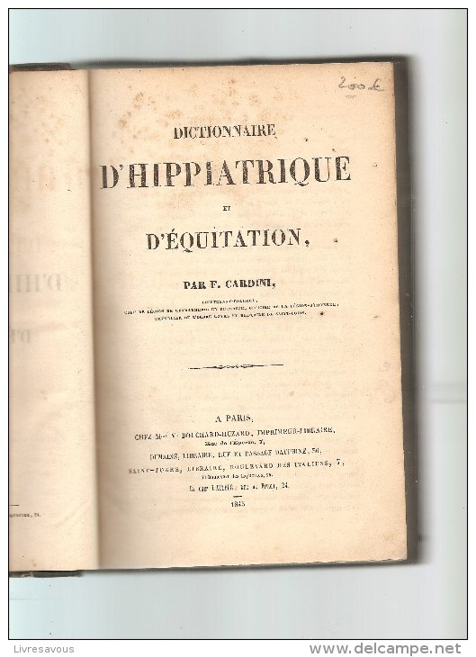 DICTIONNAIRE D´HIPPIATIQUE ET D´EQUITATION Par F. CARDINI De 1845 - Ruitersport