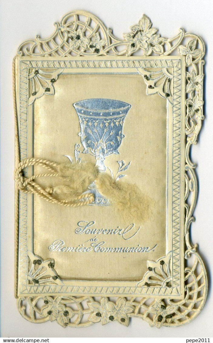 Carnet SOUVENIR PREMIERE COMMUNION  Tissu Satiné  Calice - Bord Dentelé Type Canivet - Petit Cordon - Religion & Esotericism