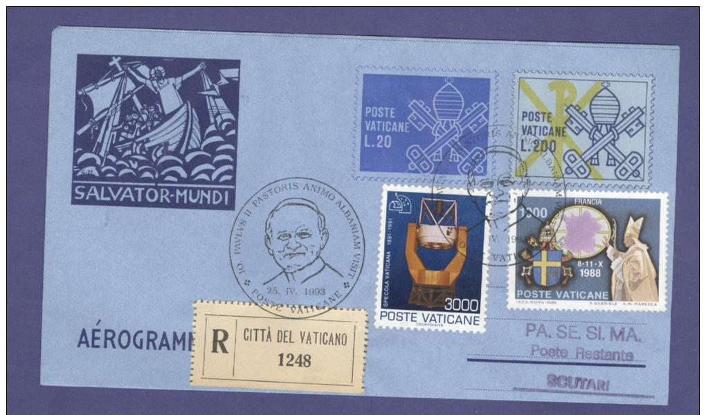 VATICAN VATICANO 1993 AEROGRAMME REGISTERED POPE JOHN PAUL II Travel To SCUTARI ALBANIA (WITH NEWSPAPER OF EVENT) (5364 - Lettres & Documents