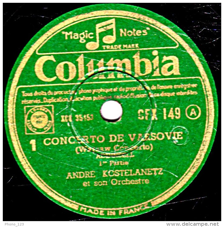 78 Trs- 30 Cm - état EX -  ANDRE KOSTELANETZ - CONCERTO DE VARSOVIE 1re Partie Et Fin - 78 T - Disques Pour Gramophone