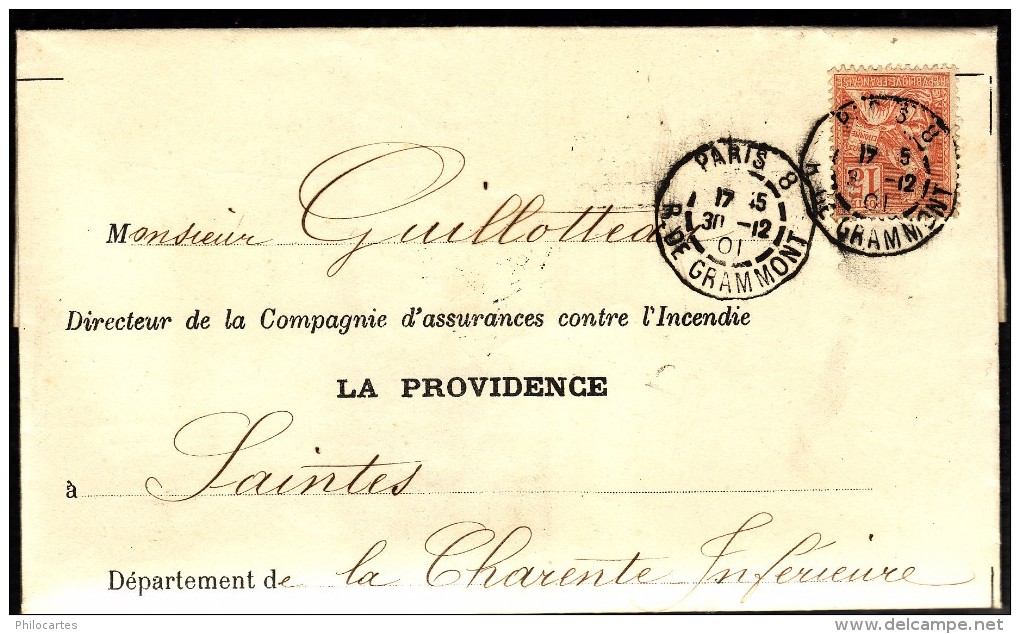 FRANCE 1900  -   Y&T  117 -  Mouchon 15 C Orange Sur Lettre De Saintes à Paris - 1900-02 Mouchon