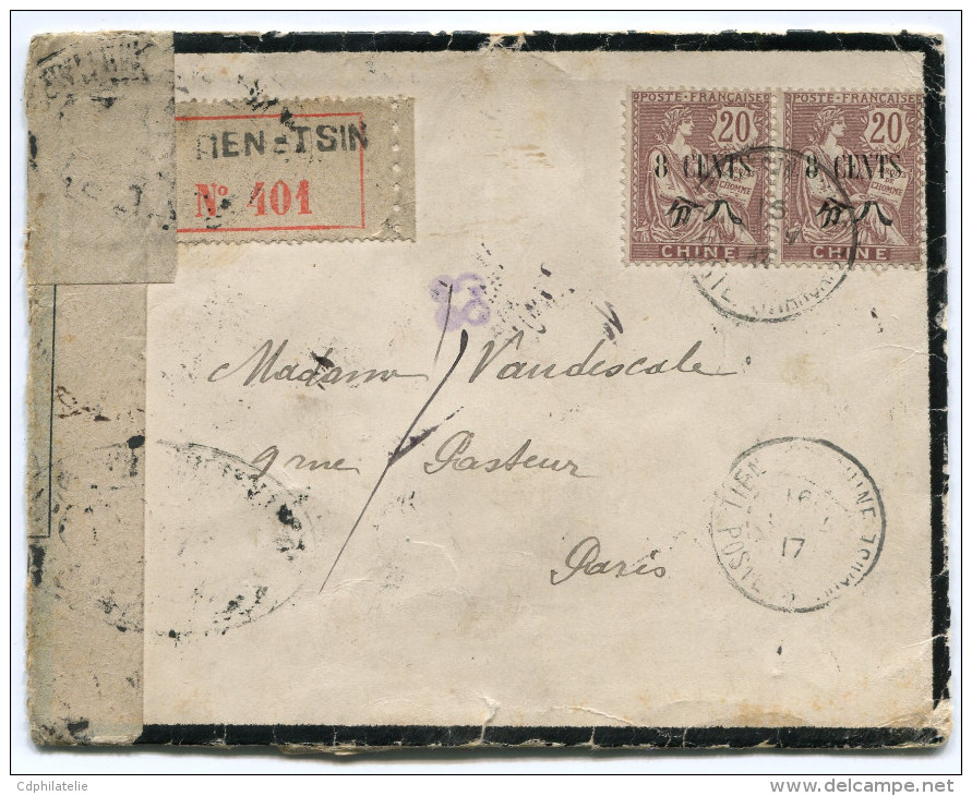 CHINE LETTRE RECOMMANDEE CENSUREE DEPART TIEN-TSIN-CHINE 16-11-17 POSTE FRANCAISE POUR LA FRANCE - Storia Postale