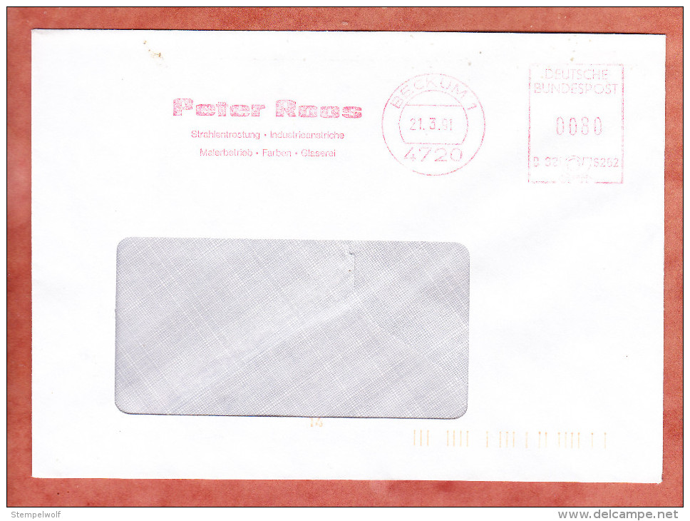 Brief, Francotyp-Postalia B82-6252, Peter Roos, 80 Pfg, Beckum 1991 (25793) - Machines à Affranchir (EMA)