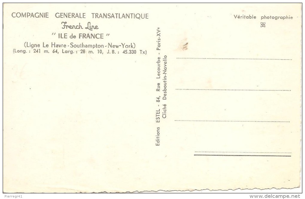 CPA-1955-PAQUEBOT-Cie GENERALE TRANSATLANTIQUE-ILE DE FRANCE-Edition ESTEL-TBE-RARE - Paquebots