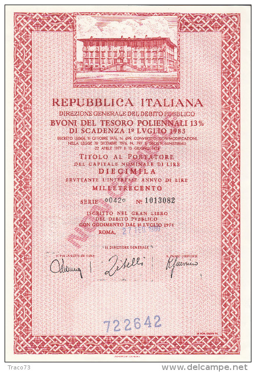 TITOLO AL PORTATORE  /  BUONI DEL TESORO POLIENNALI DA LIRE 10.000 _ Variante Senza Data Prestampata - Other & Unclassified