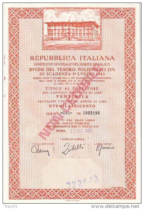 TITOLO AL PORTATORE  /  BUONI DEL TESORO POLIENNALI DA LIRE 20.000 _ Variante Senza Data Prestampata - Other & Unclassified