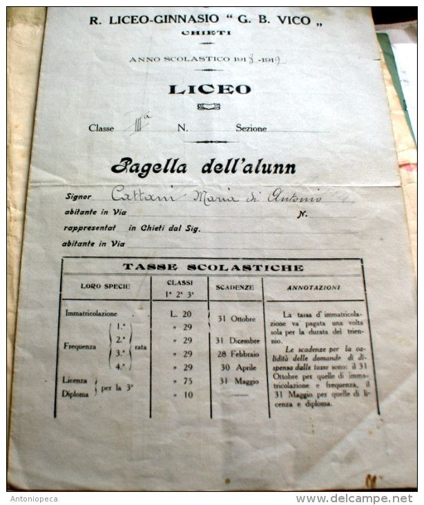 ITALIA 1918-19 PAGELLA CON 3 MARCHE DA BOLLO  LICEO VICO DI CHIETI - Diplomi E Pagelle