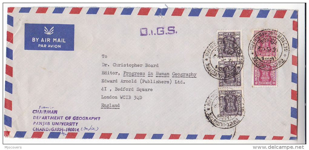 1982 Air Mail INDIA COVER 3x 1.00  2x25  SERVICE Stamps From CHANDIGARH GEOGRPAHY Dept Panjab UNIVERSITY  To GB - Briefe U. Dokumente