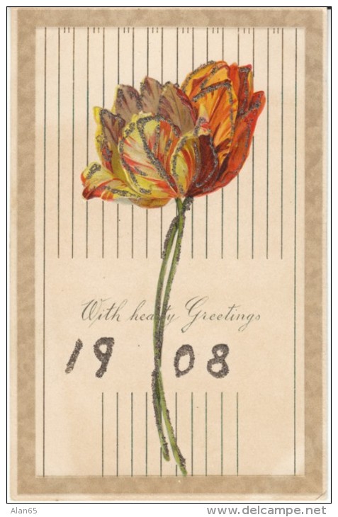 1908 New Years Date Greetings, Flower With Glitter Attached C1900s Vintage Embossed Postcard - New Year