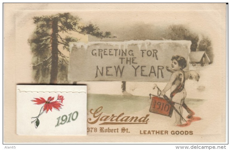 1910 New Years Date Greetings, Calendar Attached, Garland Leather Goods Advertisement, C1900s Vintage Postcard - New Year