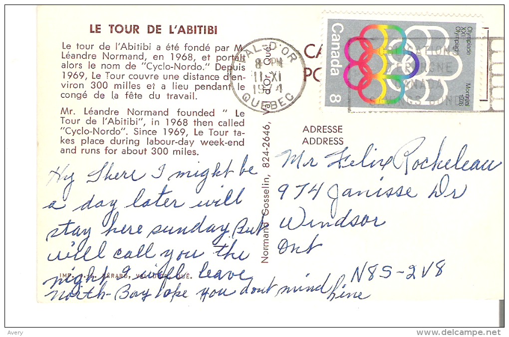 Le Tour De L'Abitibi A Ete Fonde Par M. Leandre Normand, En1968, Et Portalt Alors Le Nom De "Cyclo-Norso."Timbre Olympic - Cycling