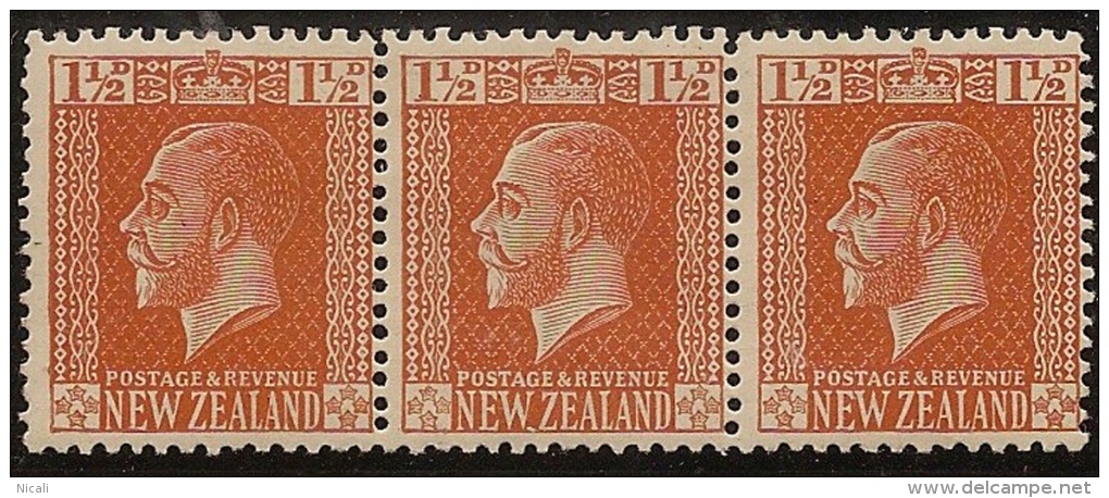 NZ 1915 1 1/2d Orange-brown Strip SG 438 HM #OK55 - Unused Stamps