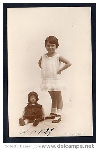 CHILDREN GIRL W/TOY DOLL Old Real Photo Postcard 1927 Art Deco Era - Fotografie