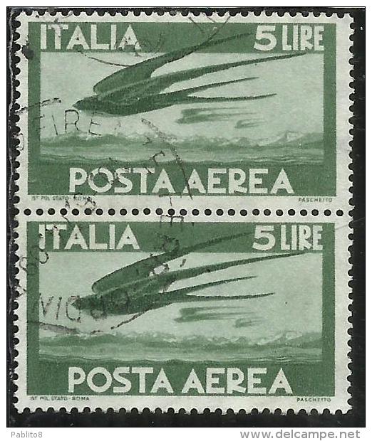 ITALIA REPUBBLICA ITALY REPUBLIC 1962 POSTA AEREA AIR MAIL DEMOCRATICA LIRE 5 STELLE STARS COPPIA USATA USED OBLITERE´ - Luftpost