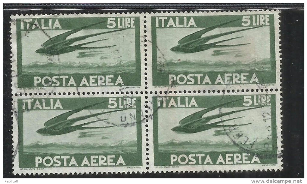 ITALIA REPUBBLICA ITALY REPUBLIC 1962 POSTA AEREA AIR MAIL DEMOCRATICA LIRE 5 STELLE STARS QUARTINA USATA USED OBLITERE´ - Luftpost