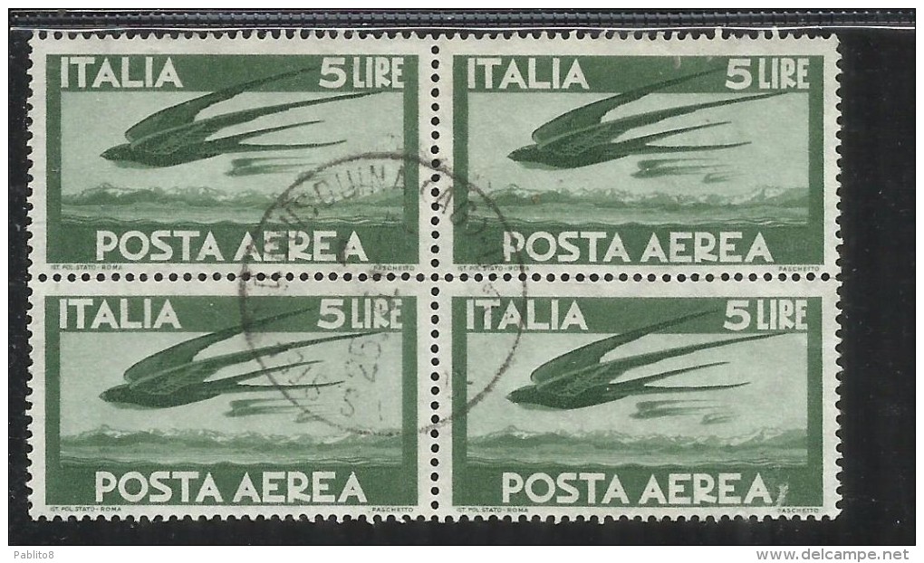 ITALIA REPUBBLICA ITALY REPUBLIC 1962 POSTA AEREA AIR MAIL DEMOCRATICA LIRE 5 STELLE STARS QUARTINA USATA USED OBLITERE´ - Airmail