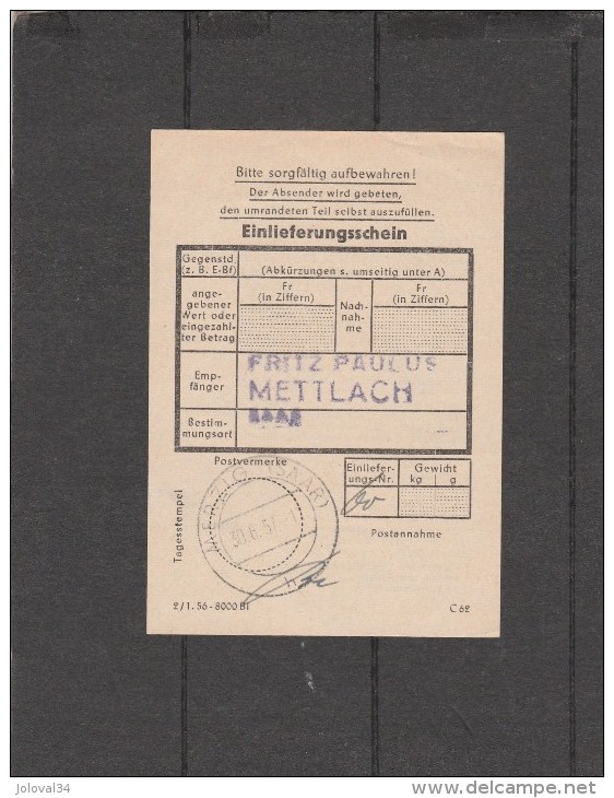 Allemagne - Einlieferungsschein MERZIG Sarre 30/6/1957 - Briefe U. Dokumente