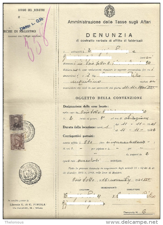 Denunzia Di Contratto Di Affitto - Osio Sotto - 15-11-1941 (011) - Italia