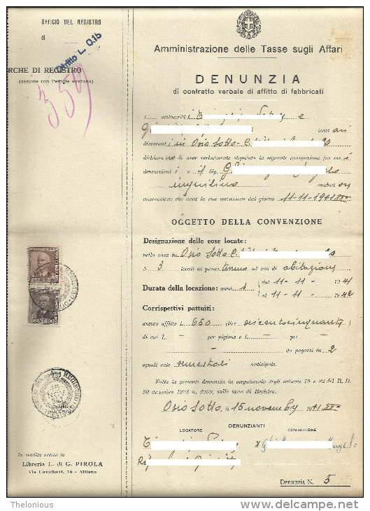 Denunzia Di Contratto Di Affitto - Osio Sotto - 15-11-1941 (010) - Italia