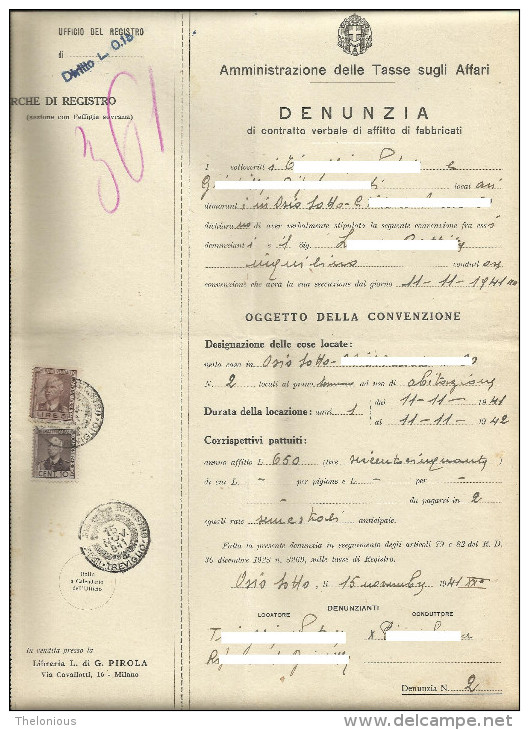 Denunzia Di Contratto Di Affitto - Osio Sotto - 15-11-1941 (009) - Italia