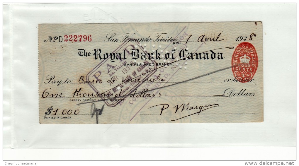 SAN FERNANDO TRINIDAD ET TOBAGO - ROYAL BANK OF CANADA - BANQUE VENEZUELA - CHEQUE DE 1000 DOLLARS - CACHETS - Chèques & Chèques De Voyage