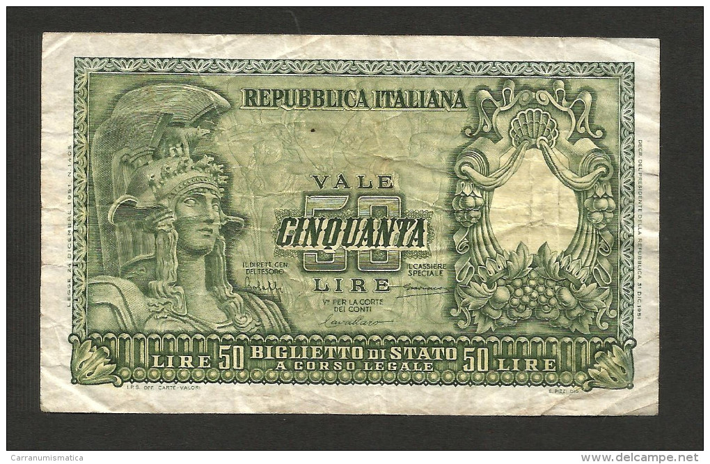 ITALIA - 50 Lire ROMA ELMATA (Firme: Bolaffi / Cavallaro / Giovinco - Decr. 31/12/1951) - 50 Lire