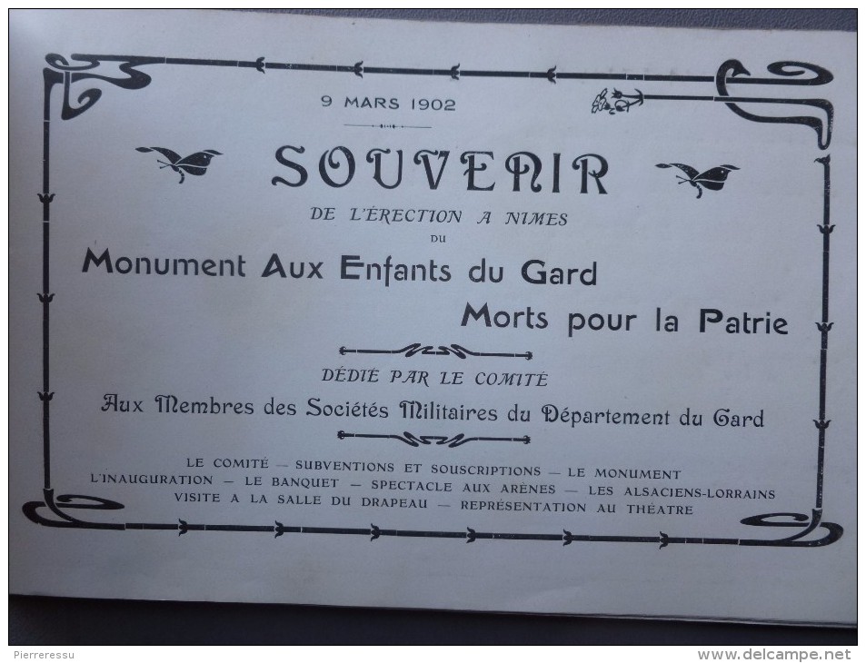 NIMES SOUVENIR DE L ERECTION DU MONUMENT AUX ENFANTS DU GARD MORTS POUR LA PATRIE 9 MARS 1902 - Programs