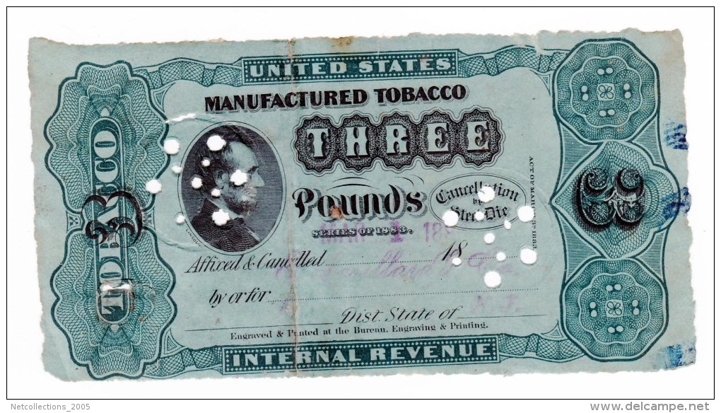 BILLET / BILL - FISCAUX AMERICAIN 1883 - UNITED STATES MANUFACTURED TOBACCO - THREE POUNDS - Unclassified