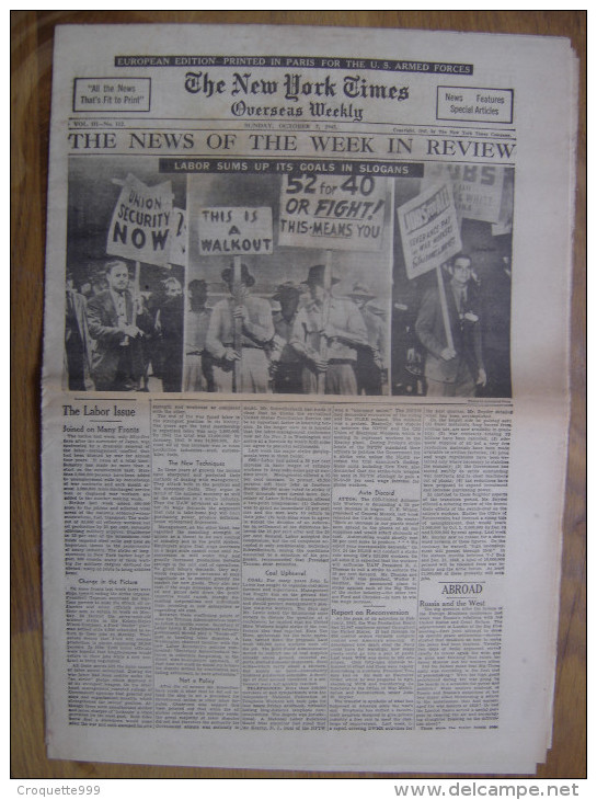 THE NEW YORK TIMES 7 October 1945 Labor Sums Up Its Goals In Slogans WWII Militaria - Guerre 1939-45