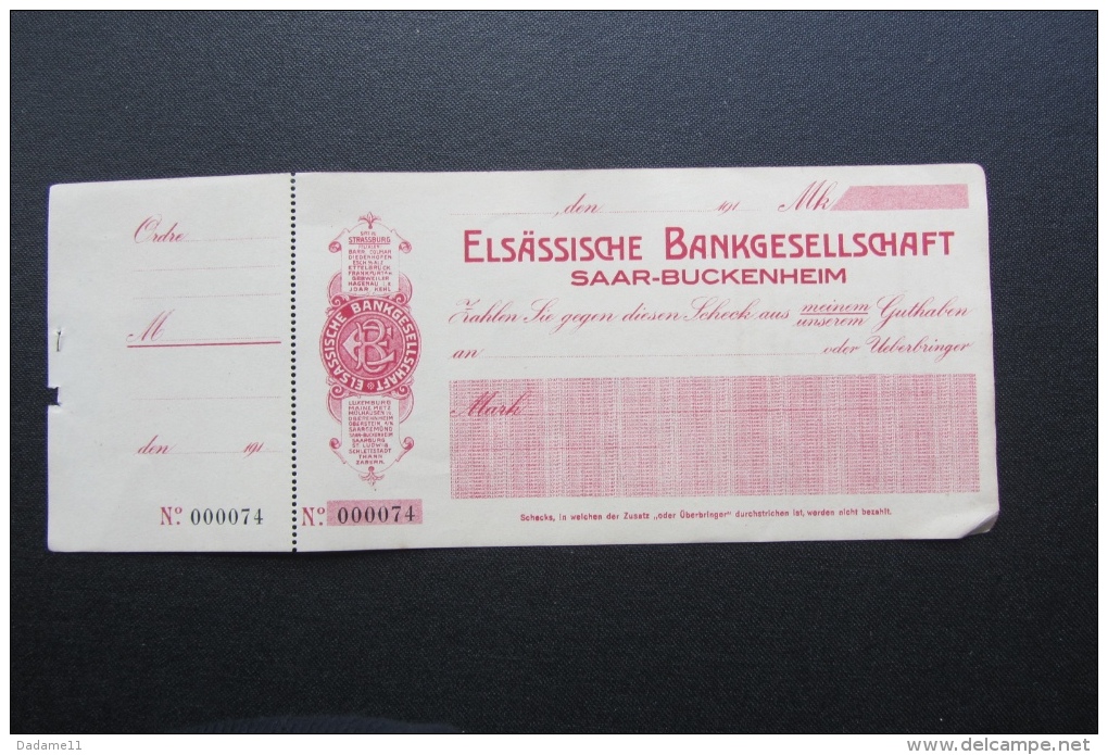 Rare Chèque De Banque De Sarre-Union  Pour La Elsässische Bankgesellschaft Vierge - Chèques & Chèques De Voyage