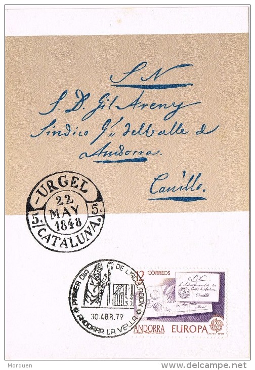 15053. Tarjeta Maxima ANDORRA Española 1979. Carta Prefilatelica Urgel - Covers & Documents